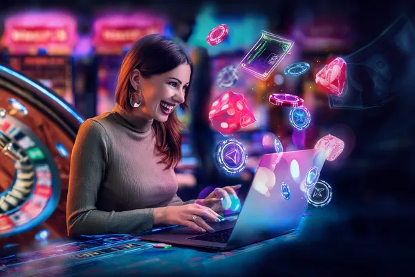 GOOD111 Games — Explore our rich library of casino classics A woman smiling while playing online games on her laptop, surrounded by neon casino elements, showcasing GOOD111’s diverse game collection.