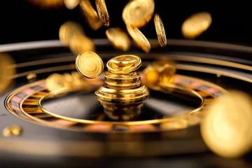 A man celebrating a winning moment on his laptop while gaming symbols float around him, capturing the excitement of GOOD111 games.