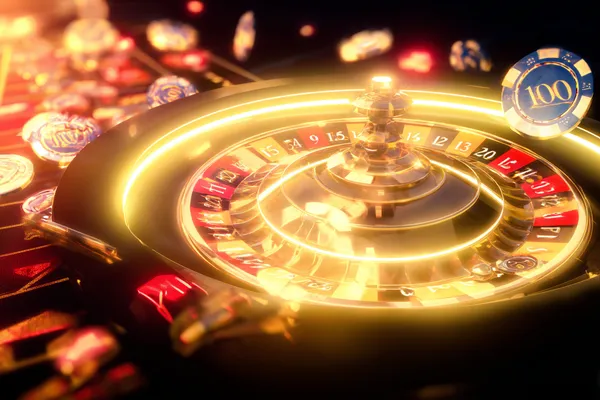 A glowing roulette wheel with cascading chips, symbolizing the engaging live and instant-win games available on GOOD111.