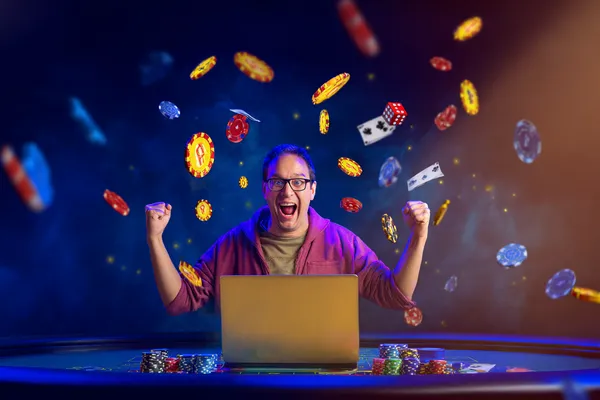 A person using their device against a moody casino-themed background, illustrating the smooth re-entry process at GOOD111.